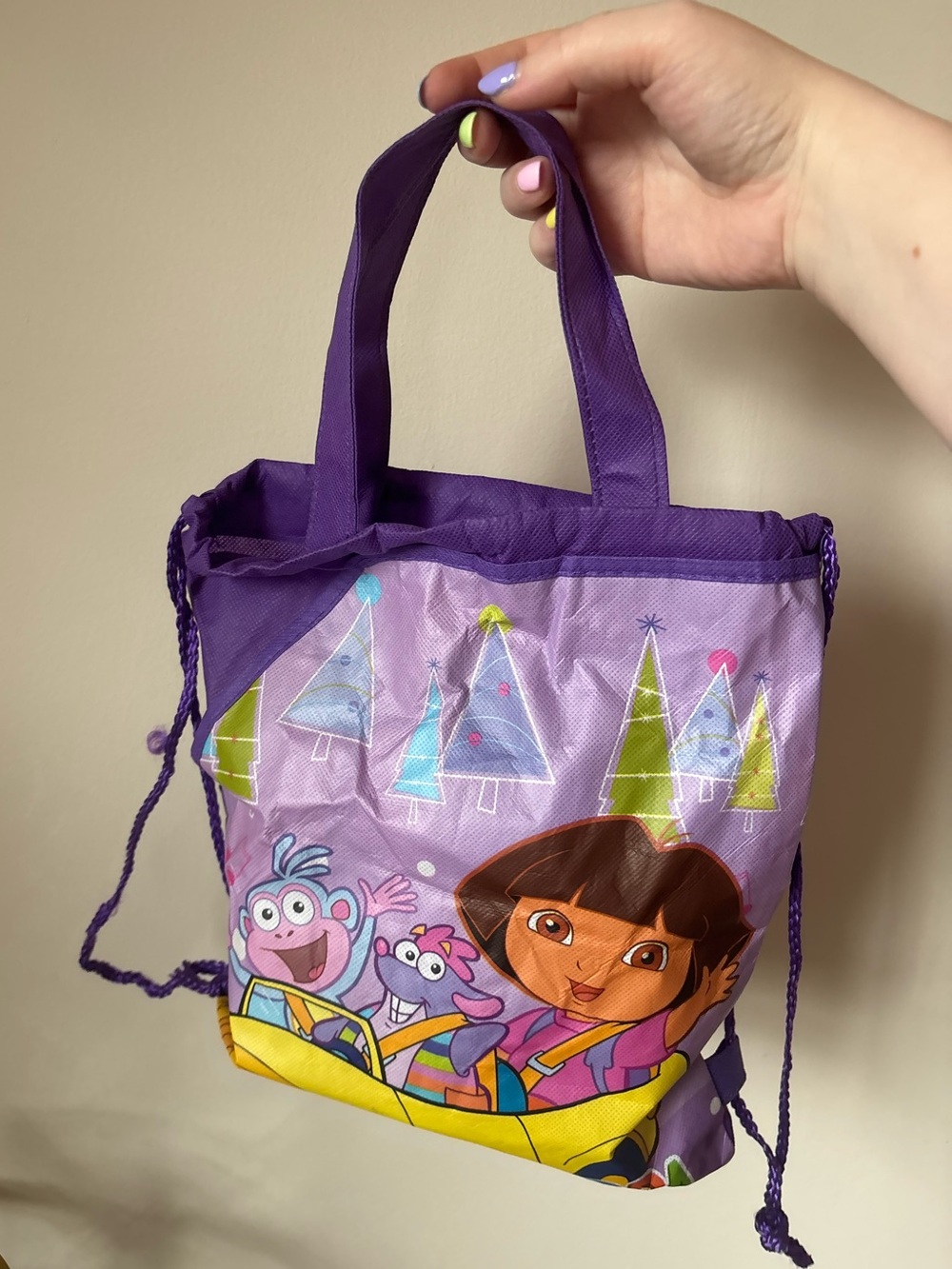 Vtg Dora the Explorer and Boots purple drawstring backpack